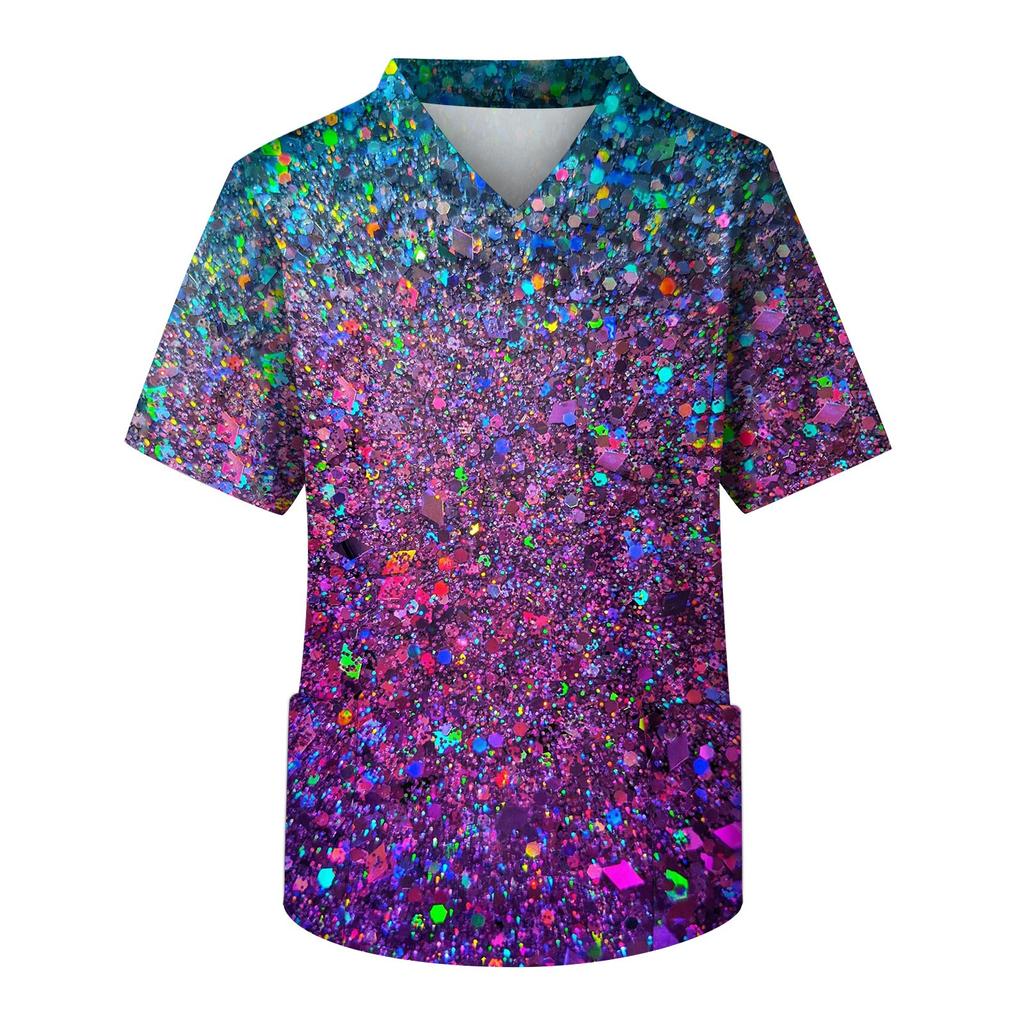 Men's Short Sleeve V Neck Mardi Gras Carnival Theme Clothing Party Mask Pattern Chest Pocket Caregiver Top