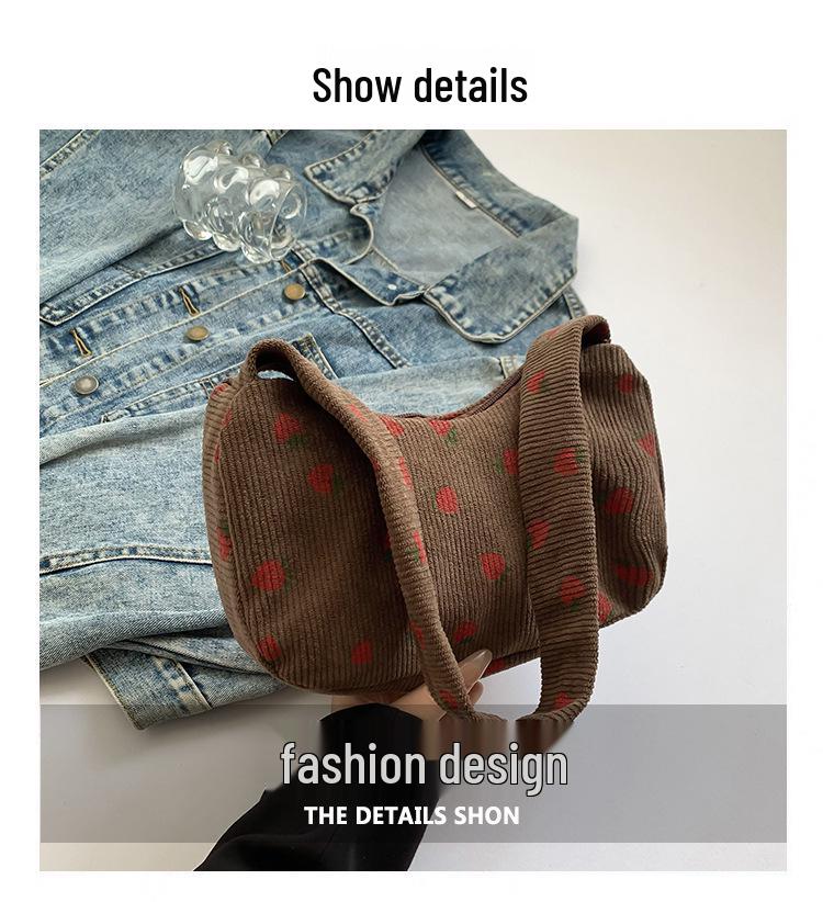 Korean-Style Strawberry Print Corduroy Handbag - 2025 Autumn Collection