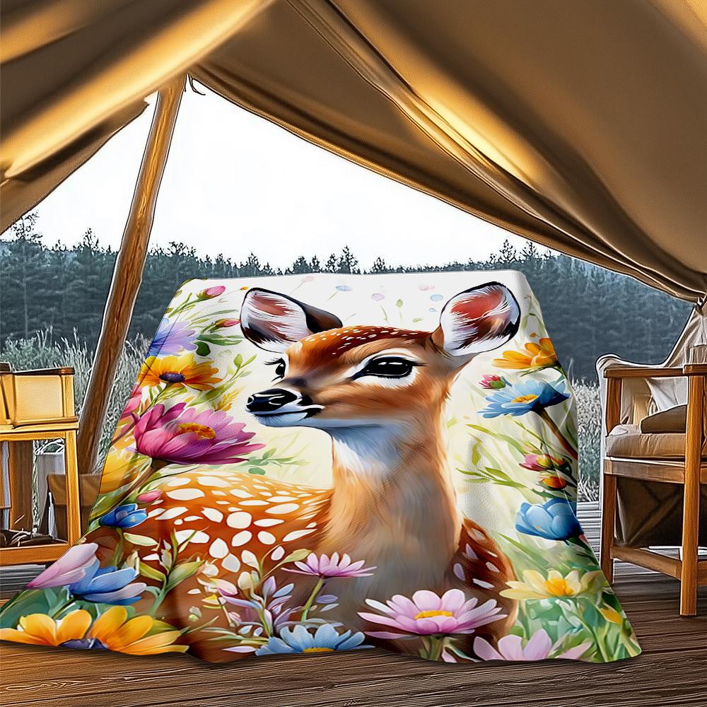 1pc Deer Floral Print Throw Blanket Polyester Fiber, Lightweight Flannel, Soft & Warm, All Season Use for Outdoor, Camping Digital Print