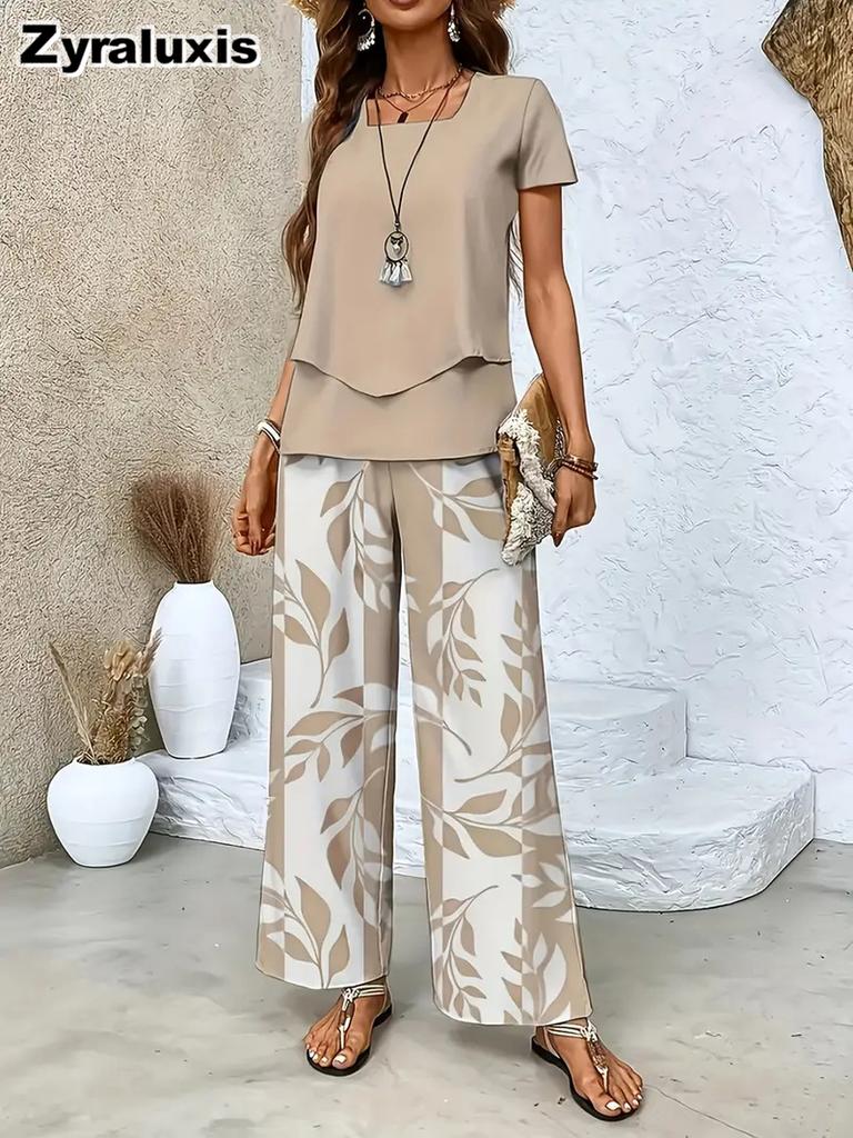 Women's Fashion New Arrivals Printed Top Wide Leg Pants Set