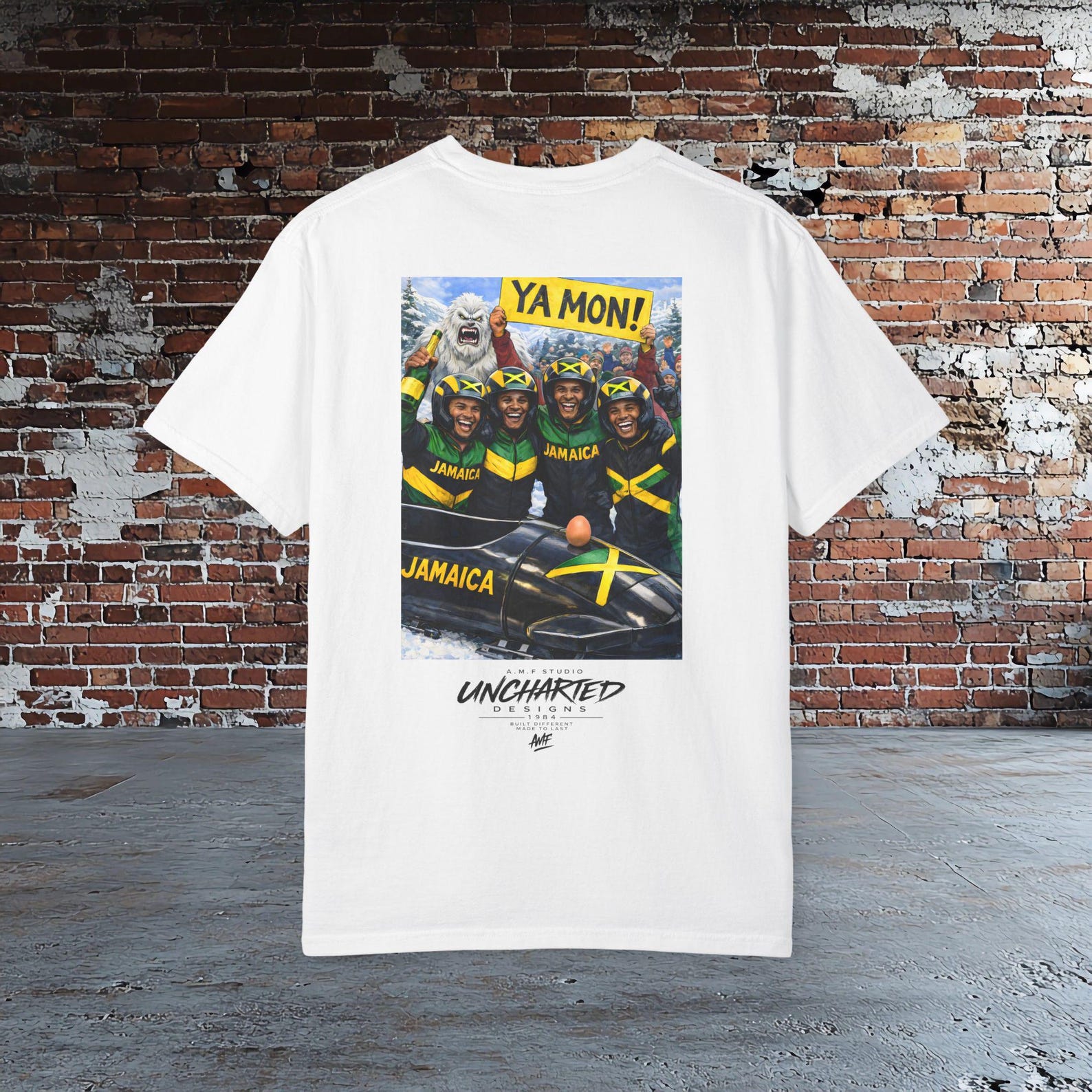Jamaican Bobsled Graphic T shirt Ya Mon Winter Sports Art Tee | AMF Studio Uncharted Designs XL