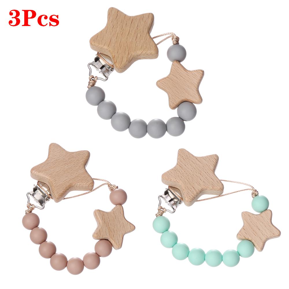 3Pcs Beech Wooden Star Pacifier Baby Pacifier Clip Nipple Holder Dummy Holder Pacifier Clip for Baby Nursing Toys Accessory