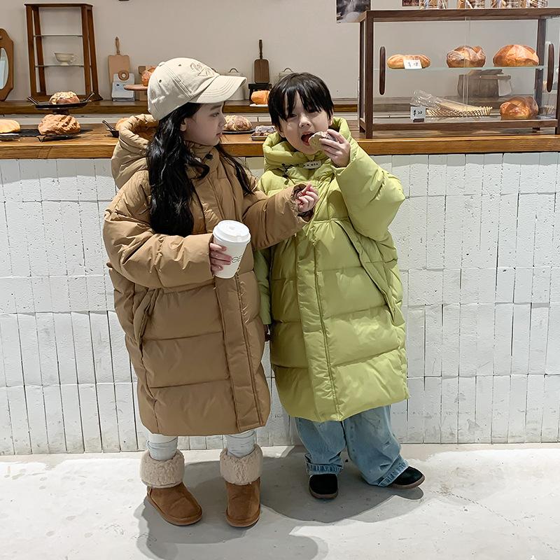 Children's Autumn and Winter Padded Long Over The Knee Solid Colour Jacket with Hood Thickened Warm Outerwear