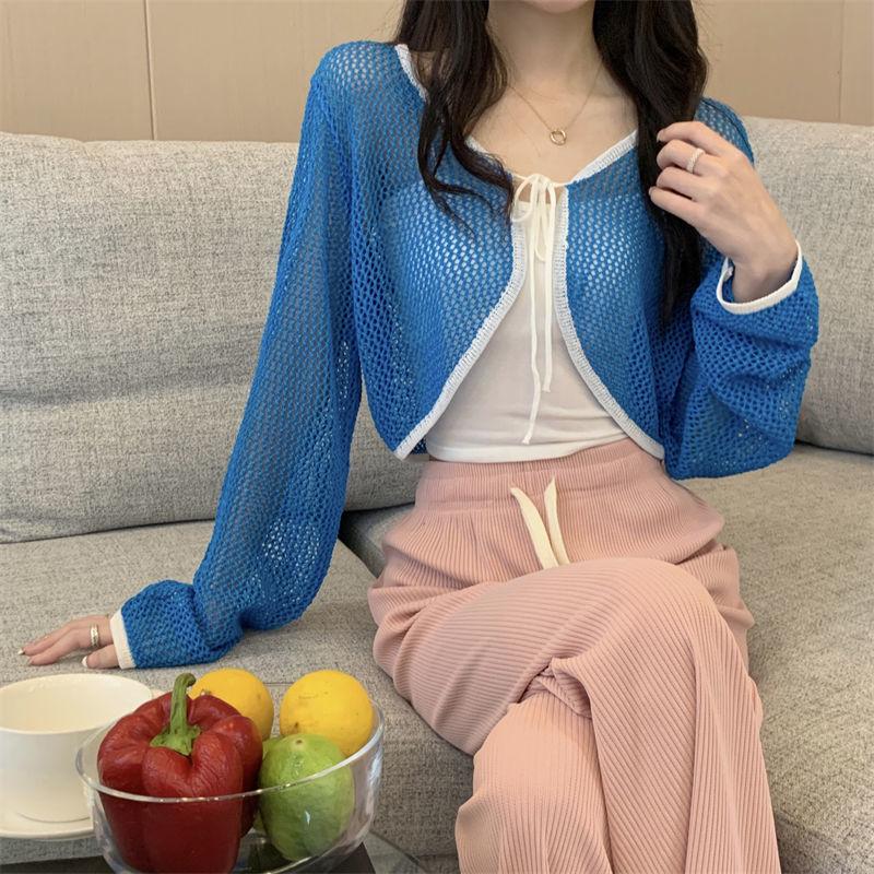 Lace-up hollow long-sleeved knitted cardigan women's edge-bumping thin summer design niche loose and sweet short top