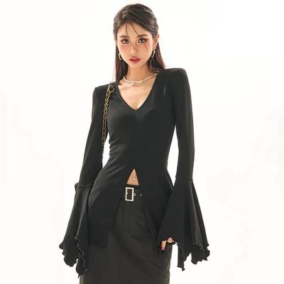 Goth Dark Fairy Grunge Flare Sleeve V-neck T-shirts Gothic Split Sexy Lettuce Hem Female Blouses Y2k Black Slim Fashion Alt Tops