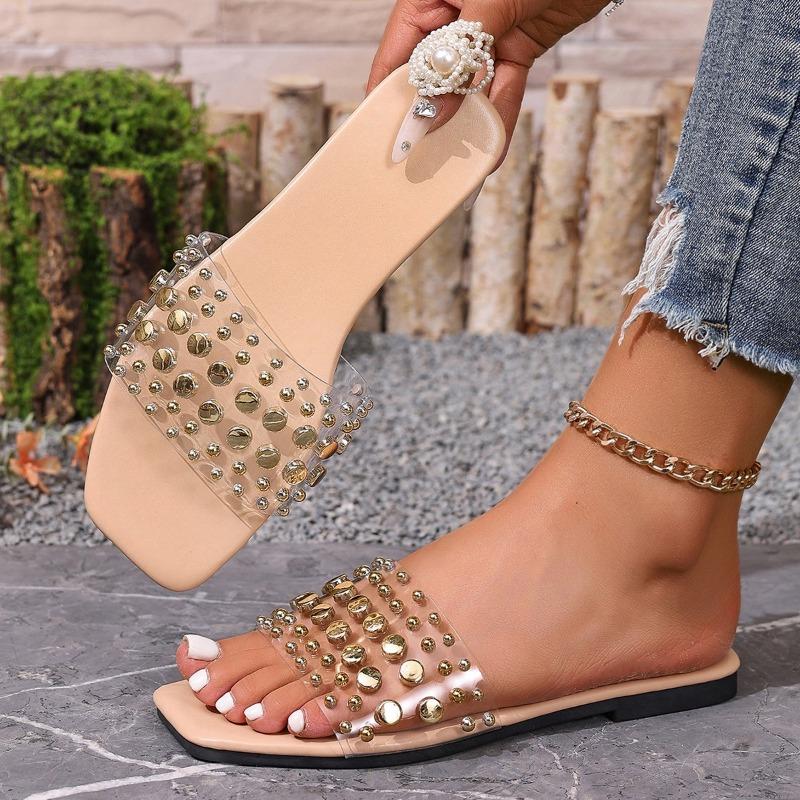 Fashion Women's Flat Sandals Summer New Style Square Head Shallow Mouth Rivet Transparent with Soft Sole Non-slip Slippers