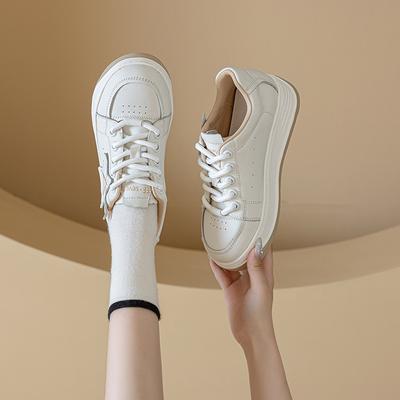 The First Layer of Cowhide White Shoes Women's 2025 Autumn and Winter New Comfortable Lace-up Versatile Feet Small Casual Thick Baseplate Shoes