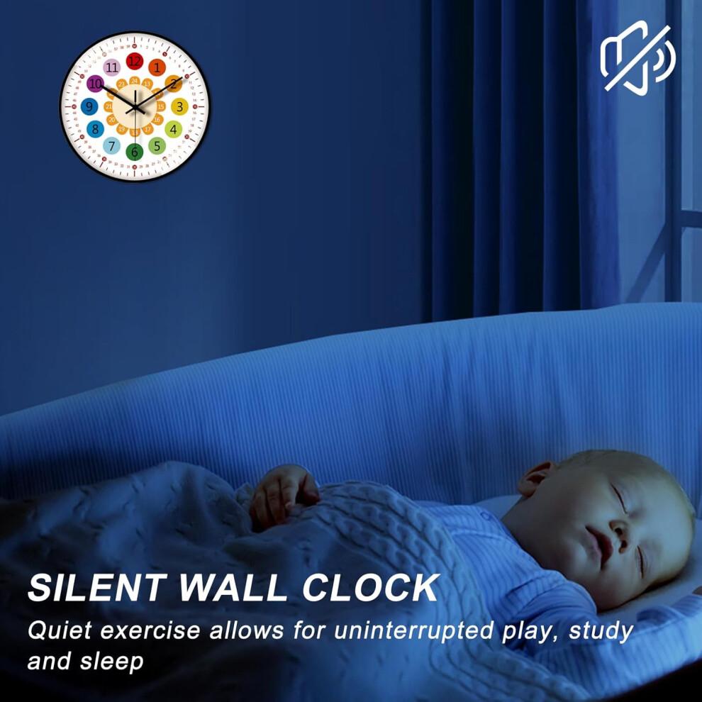 Wall Clock for Children Silent Modern Learning Clock 12 Inch Non-Ticking Design for Boys Girls Bedroom Kitchen Living Room