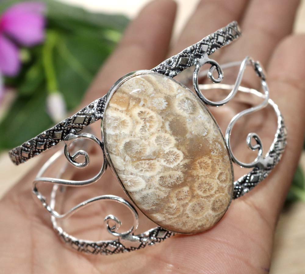 Huge Fossil Coral 925 Silver Plated Bangle 6.5" Everyday Glam Jewelry Trendy d9M27