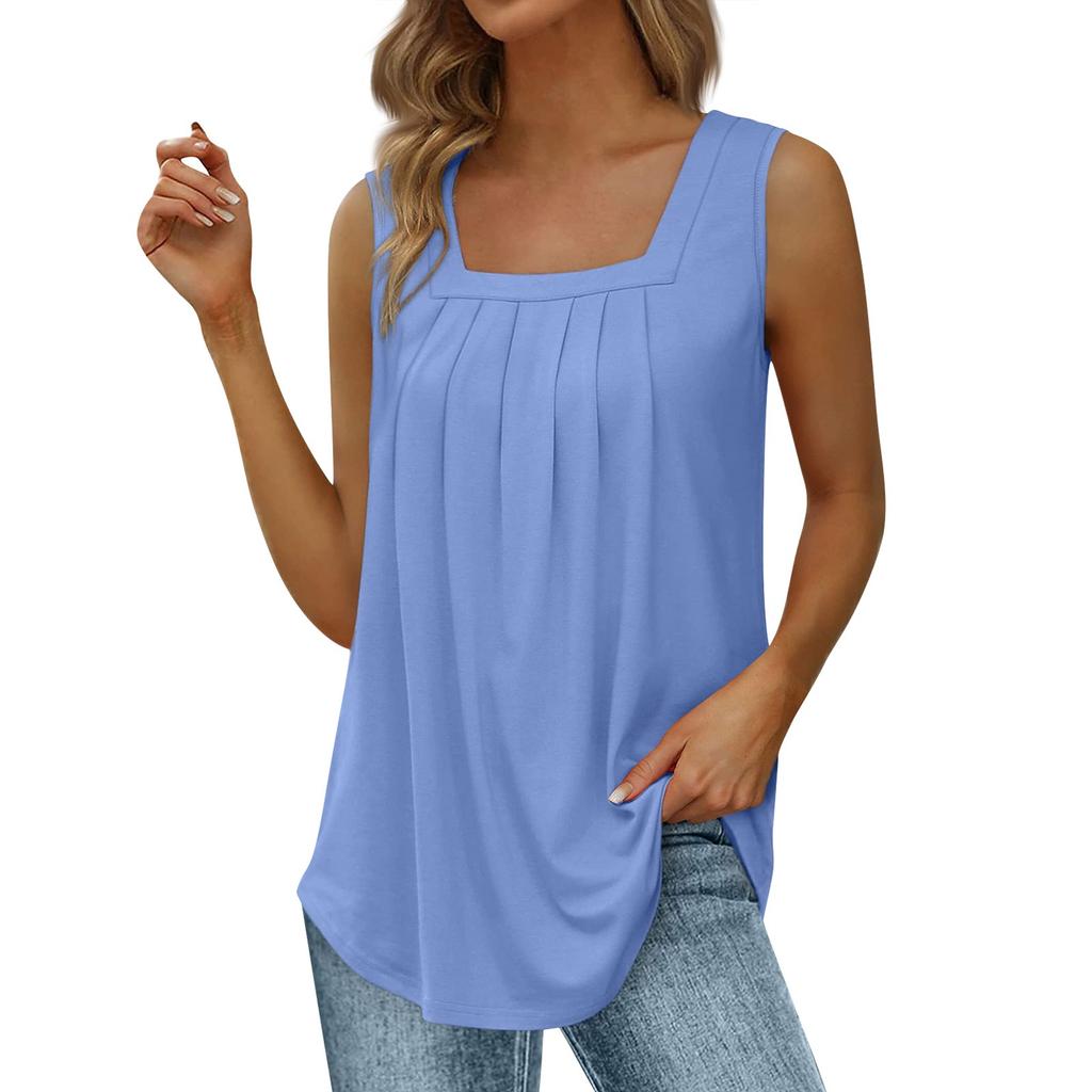 Women's Fashion Sexy Pleated Square Neck Color Sleeveless Vest Top