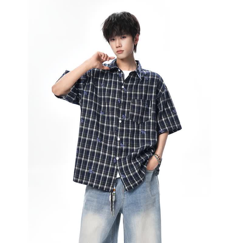 QOTRIOCK Men s Loose Fit Plaid Short Sleeve Shirt with Horse Embroidery M синий