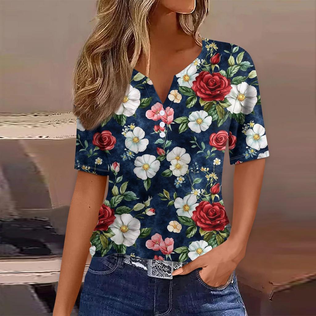 Tricou de damă Tricou imprimat cu buton cu mânecă scurtă, zilnic, la modă de weekend, de bază, cu decolteu în V, obișnuit