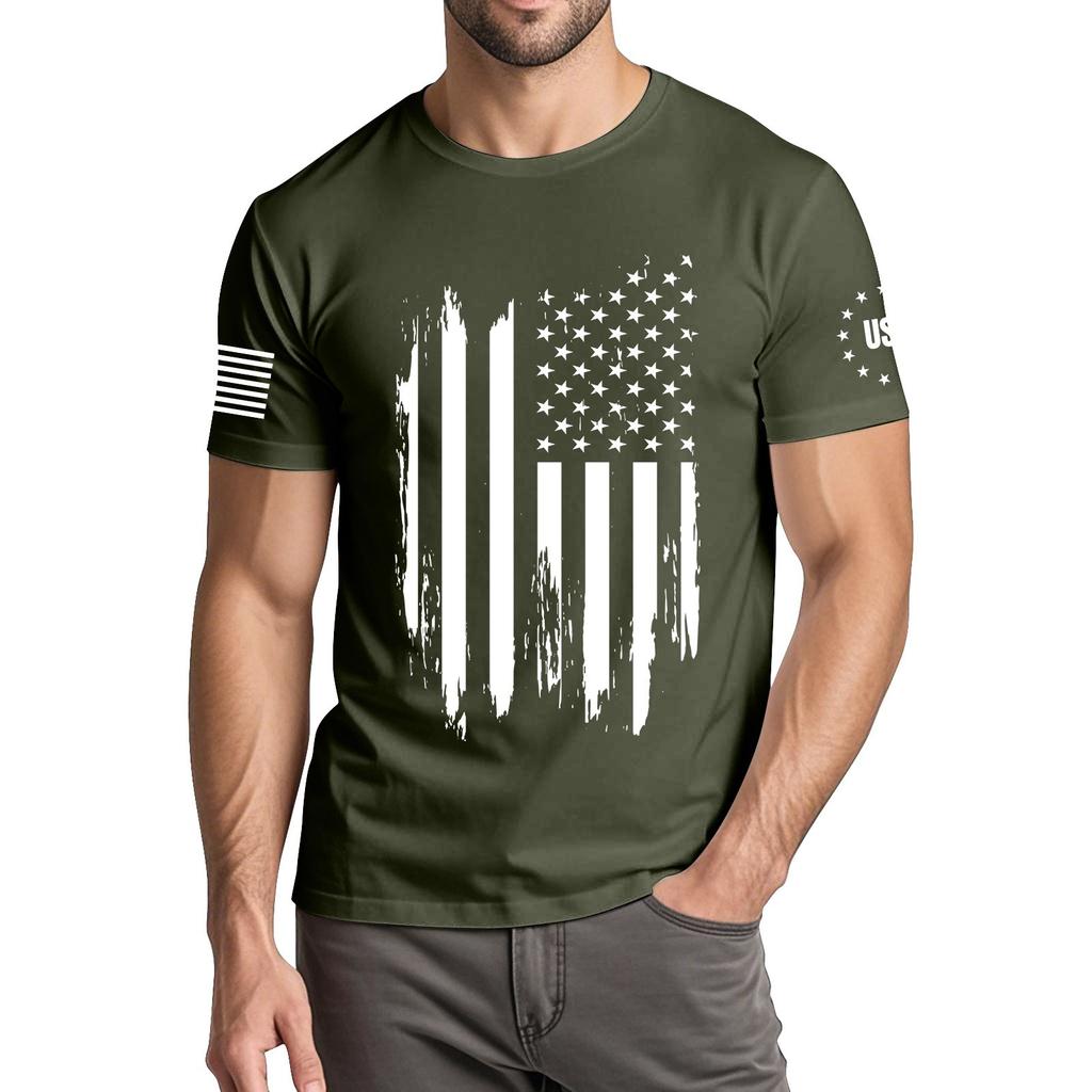 Menns moteriktige avslappede Independence Day trykte t-skjorte med rund hals og korte ermer