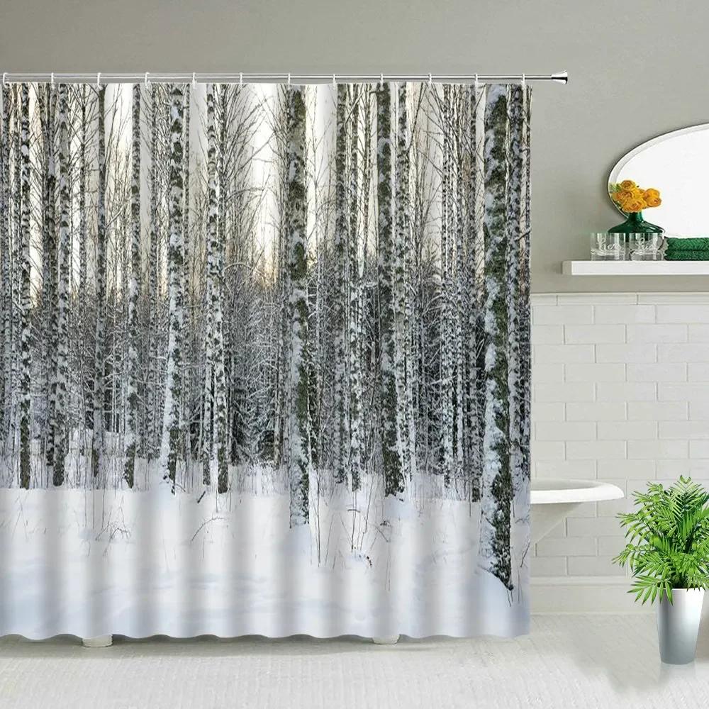 Winter Snow Scene Shower Curtains Trees Natural Scenery 3D Print Waterproof Bathroom Decor Home Bathtub Polyester Curtain Set