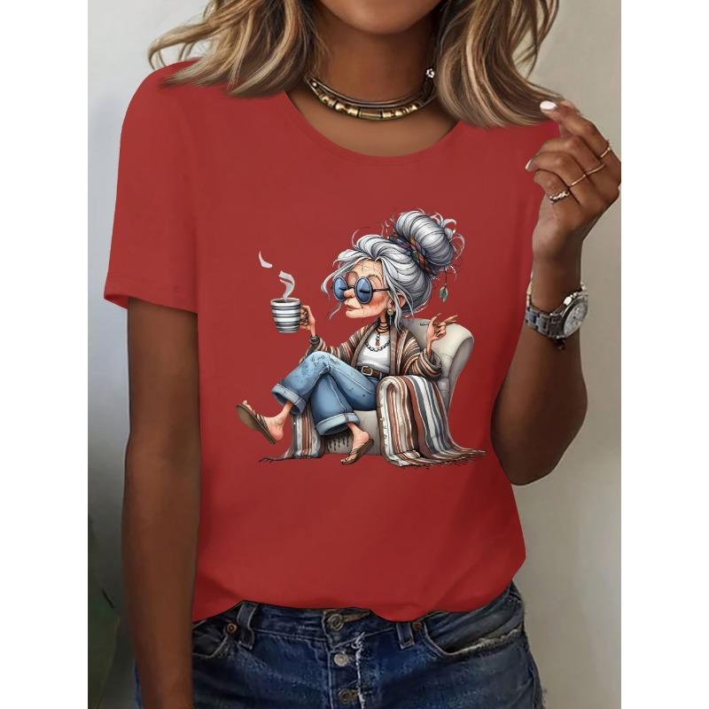 Elegant Granny Graphic Print Women's Summer Casual Short Sleeved T-Shirt Cute Playful Round Neck Tees Top Casual Woman Clothes