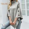 Women Sweater Tops High Collar Solid Color Cape Style Sweater Coat Button Decoration Loose Fit Casual Commuting Knitting Top