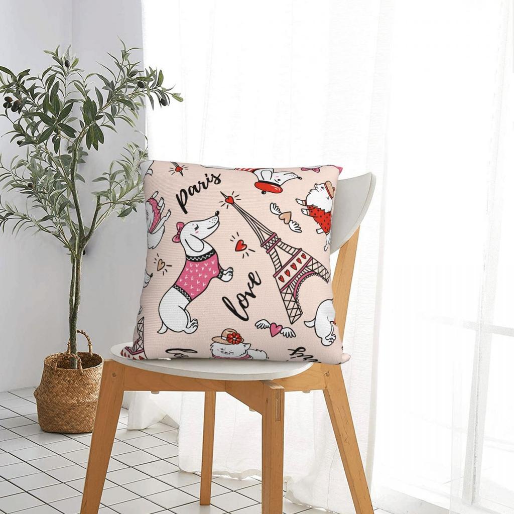 French Style Cartoon Dachshund And Eiffel Tower Pillow Case Dog Lover Cushion Cover Decorative Throw Pillow Case Cover for Home