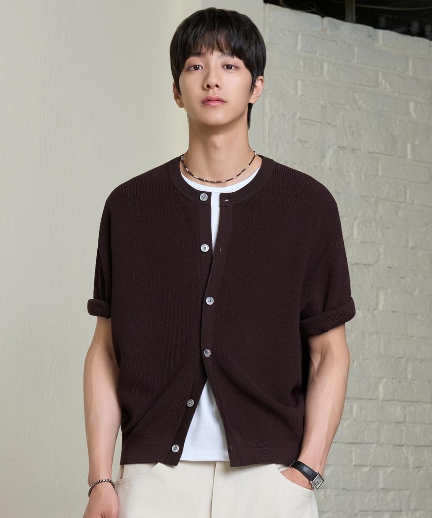 Hyoji Ss Washable Loose Fit Cropped Round Hachi Short Sleeve Knit Cardigan
