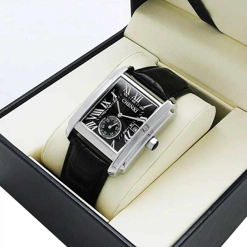 CHENXI 8216 Men's Quartz Watch Square Roman Numeral Dial Calendar Genuine Leather Band Waterproof Business Casual Wristwatch