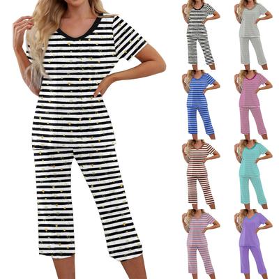 2 Piece Sets For Women Short Sleeve Top And Pants With Pockets Workout Soft Stripe Print Sets