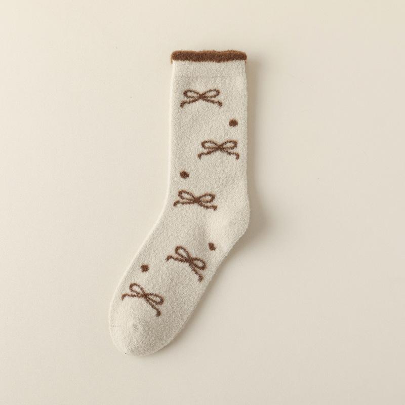 5/10 Pairs Casual Winter Australian Wool Socks for Women Thickened Warm Bow Tie Floor Socks Medium Length Socks In Coffee Color Plush Socks