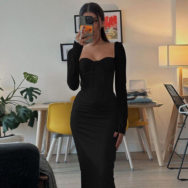 

Dress Fashion Elegant Silm Satin Long Dress Wrapped Chest Shoelace Cinched Patchwork Lace Long Sleeve Narrow Dress Black S