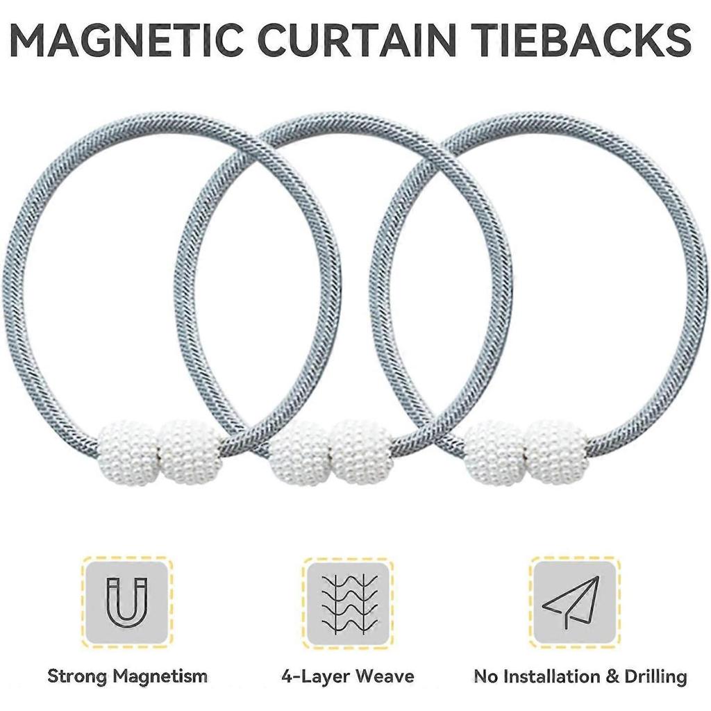 6 Pack Magnetic Curtain TieBacks, Curtain Clip Cord Buckle, Curtain Drape Holdbacks for Home Office Window, Decorative Weave Rope Holder, Grey
