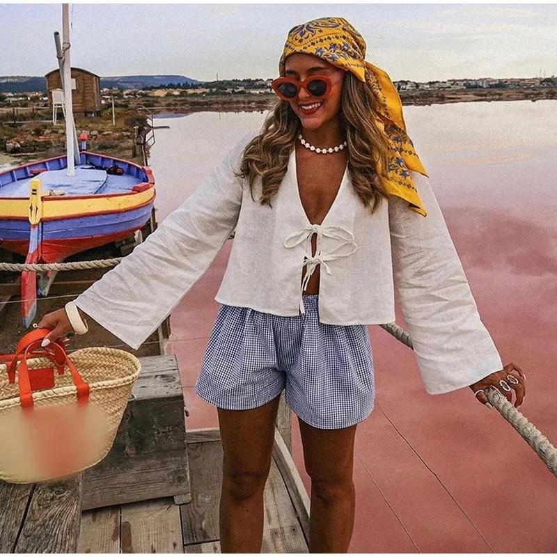 Bílé Zkrácené Halenky pro Ženy Vázané Ležérní Košile a Halenky Dámský Crop Top s Dlouhým Rukávem Dámské Letní Plážové Halenky