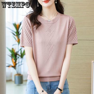 Damen T-Shirt aus hohler Eisseide, kurzärmelig, Sommer, einfarbig, Strickpullover, Rundhalsausschnitt