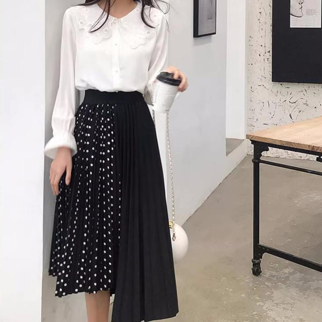 Tooxika Large Women's Pleated Polka Dot Patchwork Mid Length Chiffon Large Hem Skirt