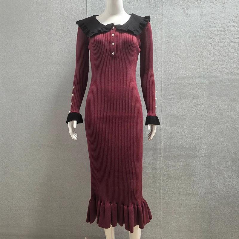 

High Waist Ruffled Maxi Dresses Women Autumn Winter Knitted Slim Sweater Dress Female Fashion Retro Clothes S