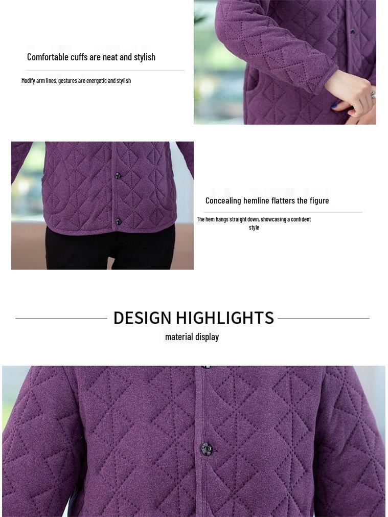 Women's Autumn/Winter Quilted Cotton Jacket for Middle-Aged and Elderly - Stand Collar, Warm, Thickened Design