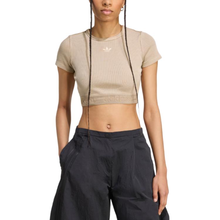adidas Originals Essentials Rib Washed Round Neck Sports Slim Fit Fashion Short Sleeve Regular T-Shirt Women Tops JW3577