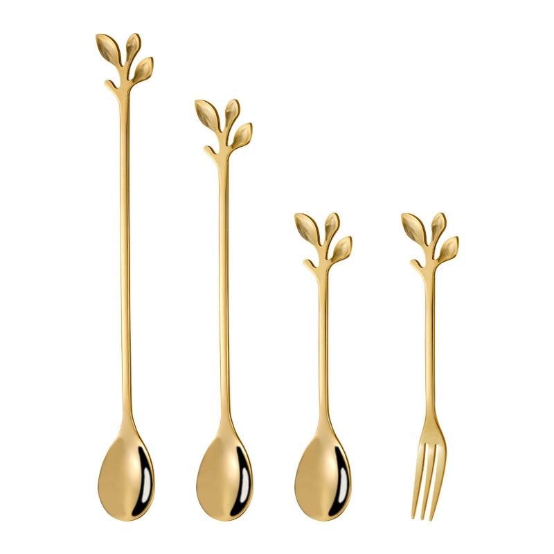 10/20pcs Stainless Steel Leaf Spoon Creative Leaf Coffee Spoon Dessert Spoon Bird's Nest Spoon Cake Fork Fruit Fork