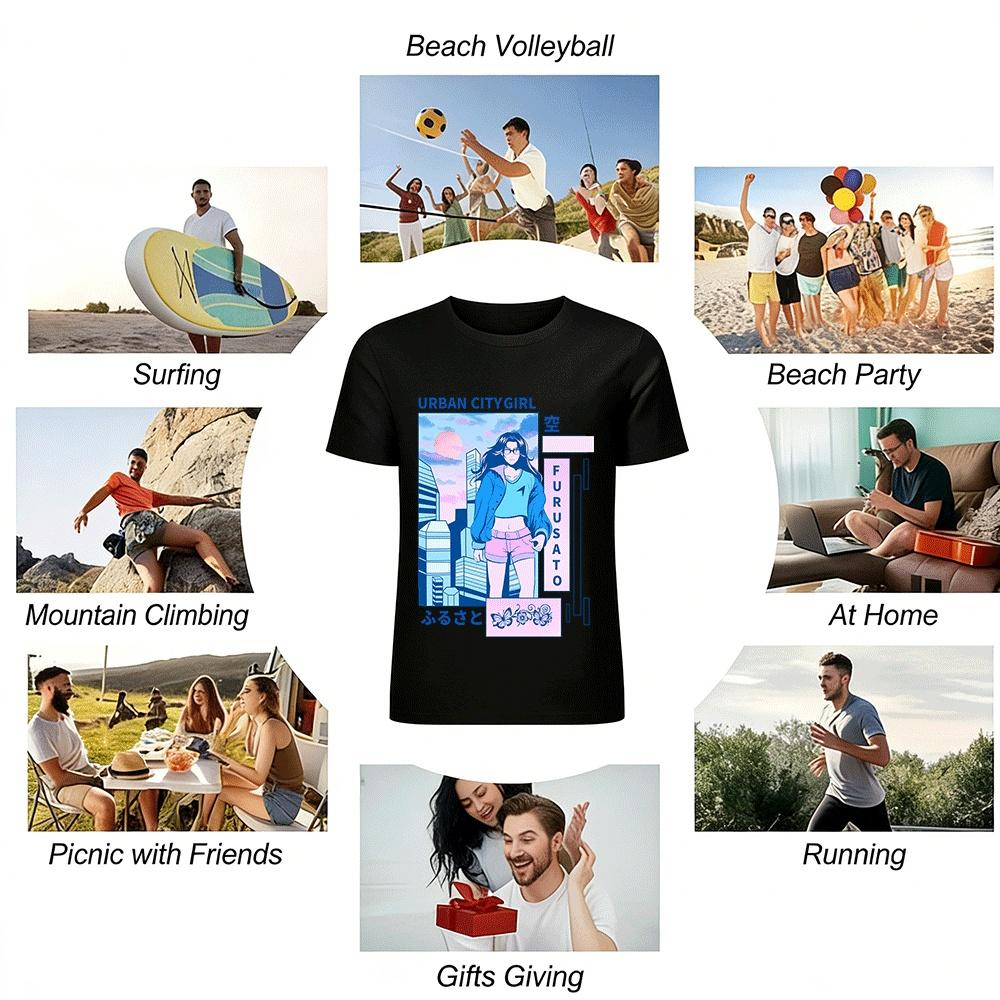 Urban City Girl Anime Style Graphic Tee Casual Streetwear Top Pure Cotton T-shirt