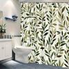 Leafy Branches Shower Curtain - Green & Brown Botanical Design, Light Cream Background,  12 Hooks, Machine Washable, Bath Deco