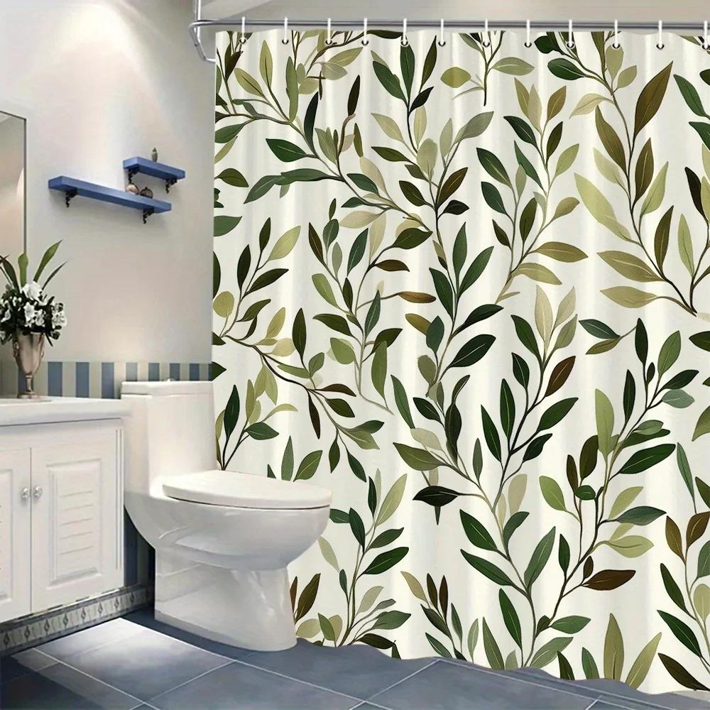 Leafy Branches Shower Curtain - Green & Brown Botanical Design, Light Cream Background,  12 Hooks, Machine Washable, Bath Deco