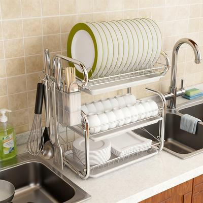3 Tiers Dish Drying Rack Rust-Resistant Kitchen Storage Shelf Iron Organizer with Drain Board Utensil Holder for Bowls Plates