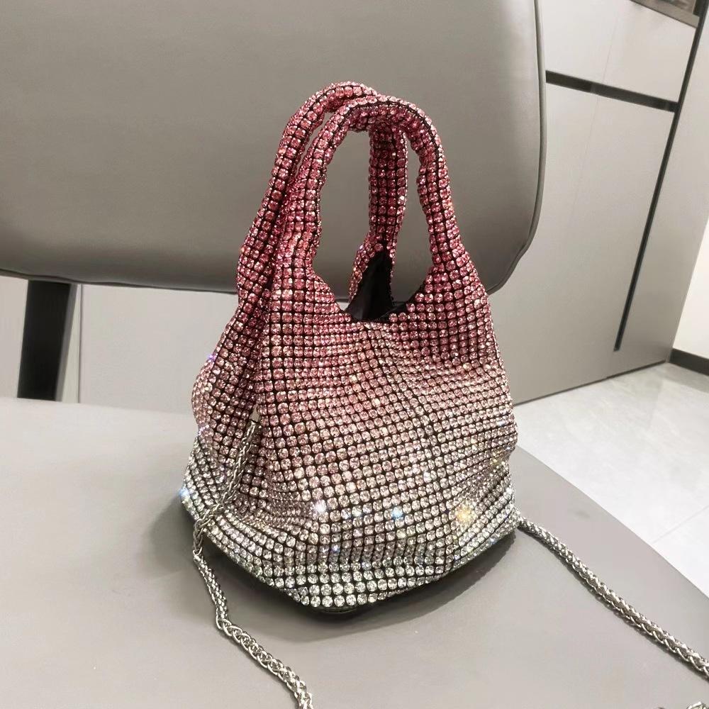 Fashion Rhinestone Small Bucket Bag for Women Sling Shoulder Crossbody Bag with Diagonal Chain Stylish Ladies Handbag