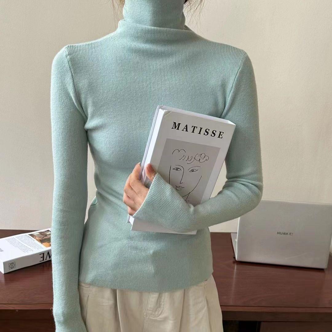 

Women s Autumn Winter High Neck Candy Color Slim-Fit Knit Base Layer Simple Long Sleeve Top for Office Wear One Size м ята зелений колір