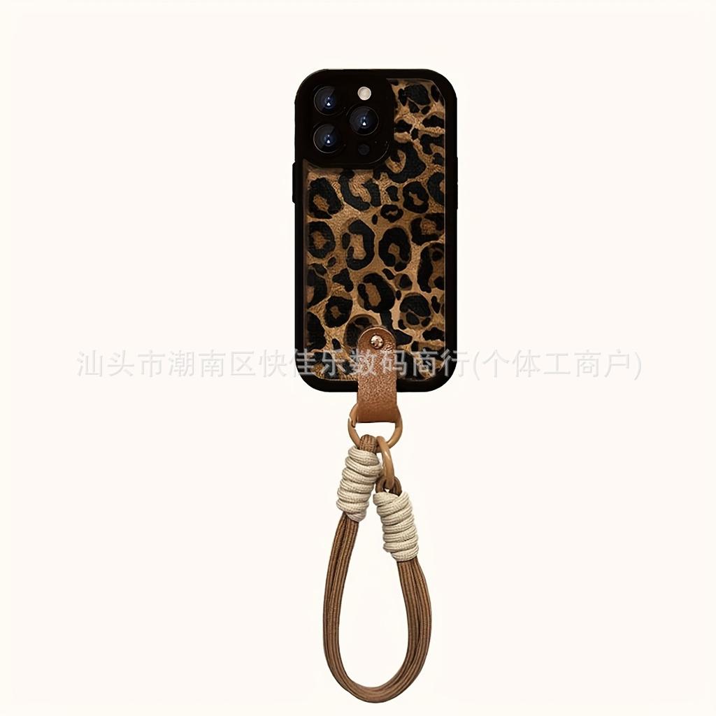 Fashion Leopard Print iPhone17Promax/16Promax/15/14/13/12/11 Wristband Lanyard Phone Case