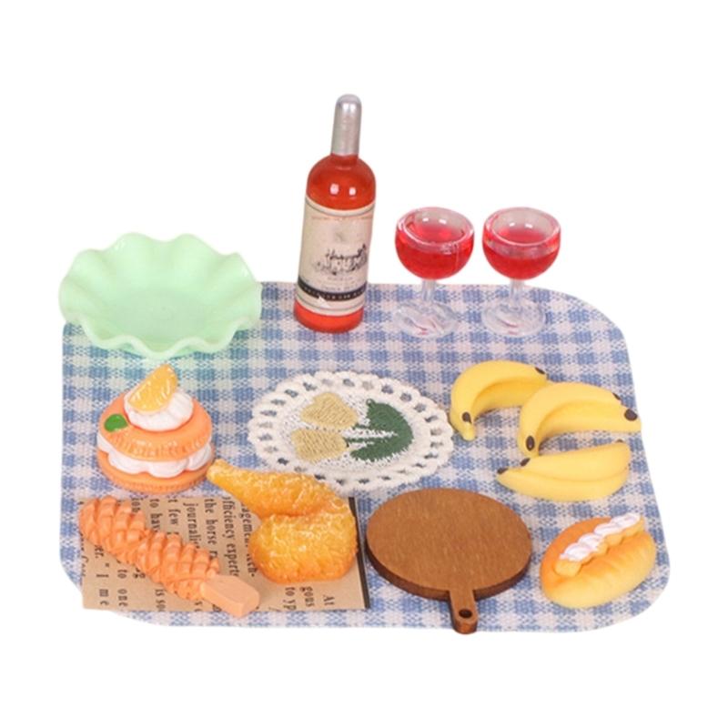 1:12 Scale Miniature Outdoor Picnics Meal Food Model Figurine Set For Doll House With Realistic Food Models And Utensils