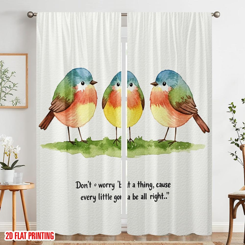 2pcs 2D Flat Printing Party Curtains Watercolor Birds Happy Sentiment Polyester Without Electricity Festive Wall Decor Use for