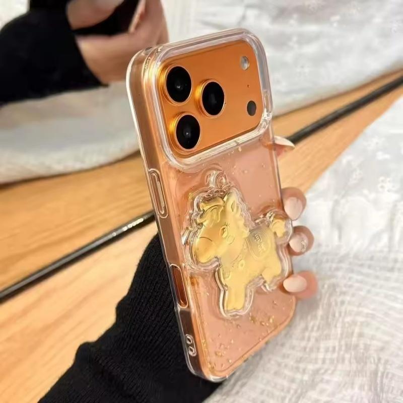 3D Gold Horse Get Rich Sequin Transparent Phone Case For iPhone 17Promax 17Pro 12 13 14 15 16 Pro Max 15 Plus 11 Shockproof Cover