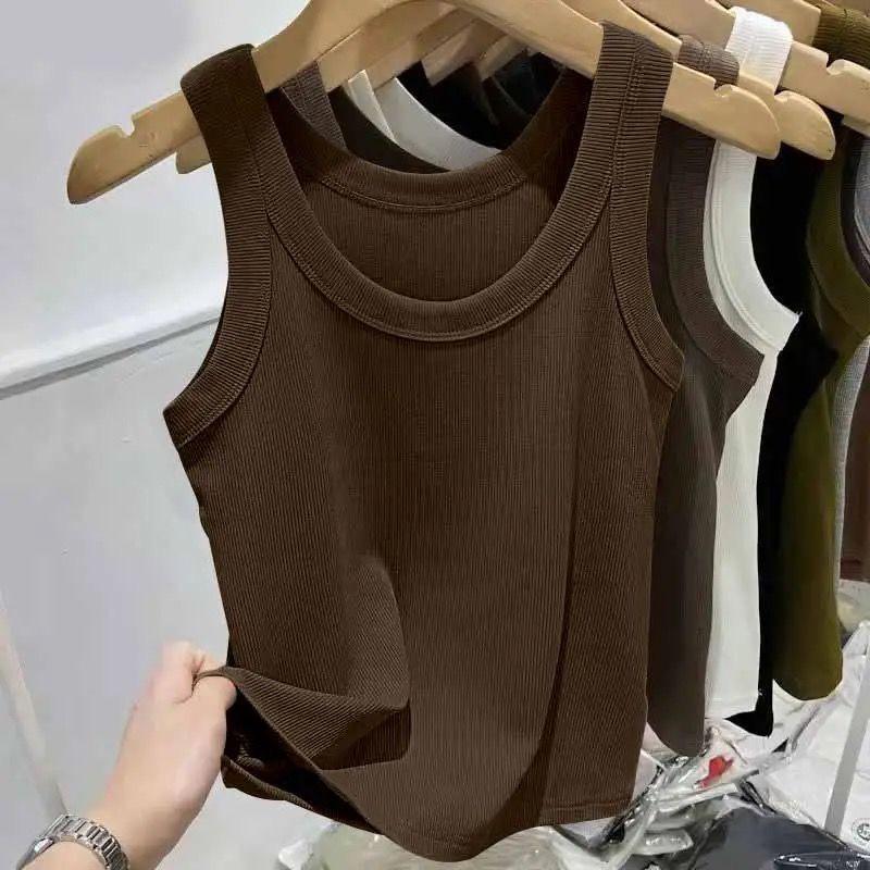 Women's Ice Silk Ribbed Camisole Top with U-neck and Spaghetti Straps for Spring and Summer