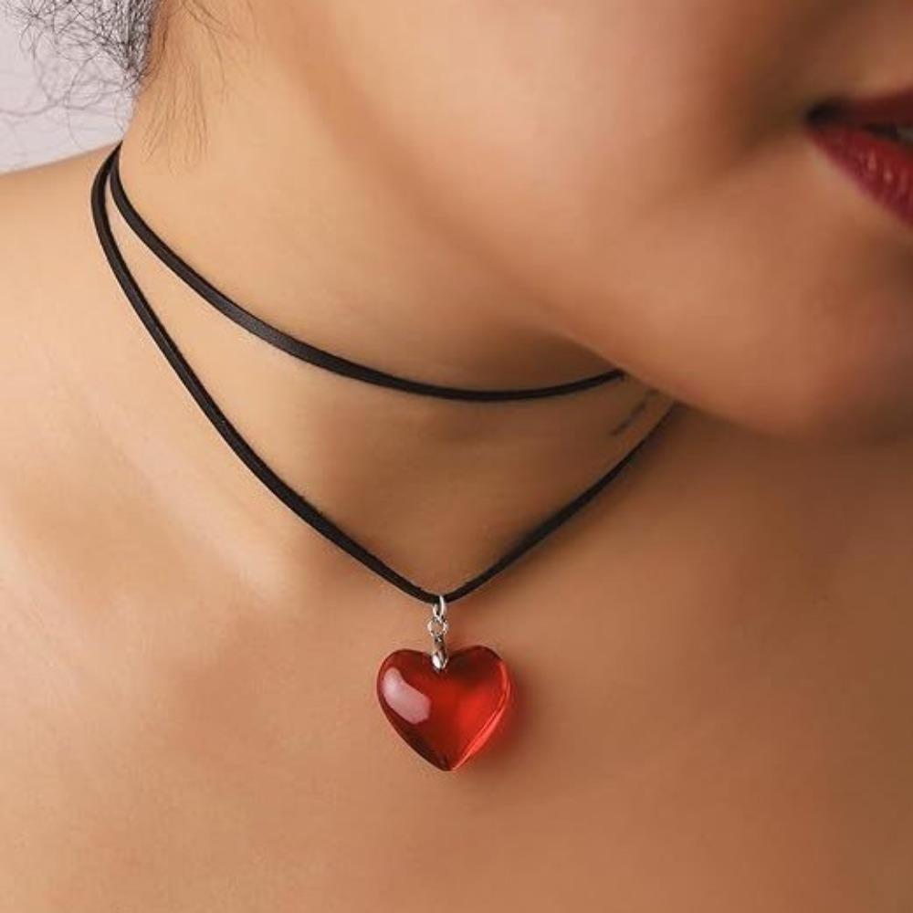Collana a Doppio Strato con Ciondolo Cuore Rosso Nero in Vetro e Cristallo con Cordino Nero Y2k Semplice per Donne Punk Gotico Gioielli da Indossare Quotidiano Regali