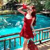 French temperament waist short skirt seaside vacation style red suspender dress women's small beach dress