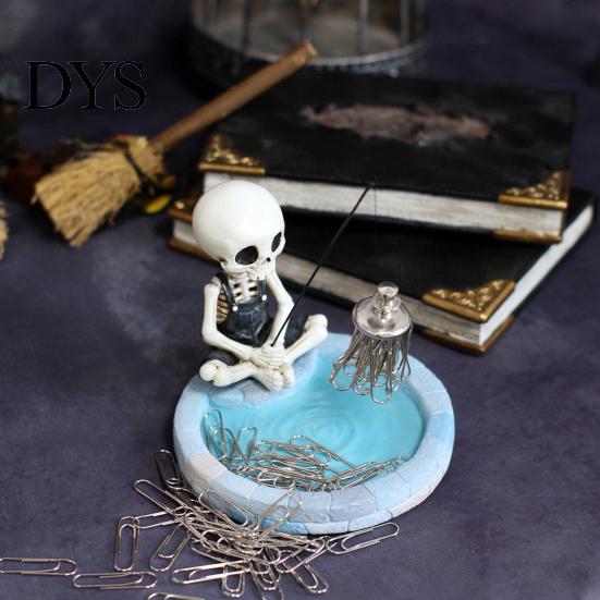 Funny Halloween Decorations Fishing Skeleton Magnetic Paperclip Holder, Skull Office Supplies Organizer Dark Humor with Storage Tray, Resin
