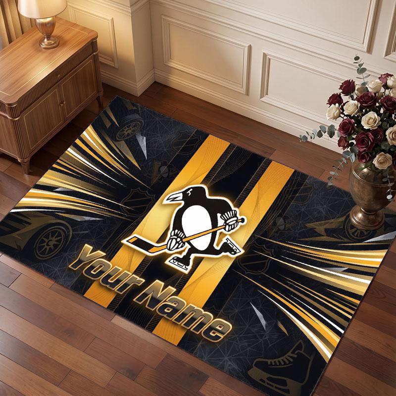 Pittsburgh Penguins Personalized Crystal Velvet Carpet, Customized Name Text Soft Anti‑Slip Rug for Living Room Bedroom