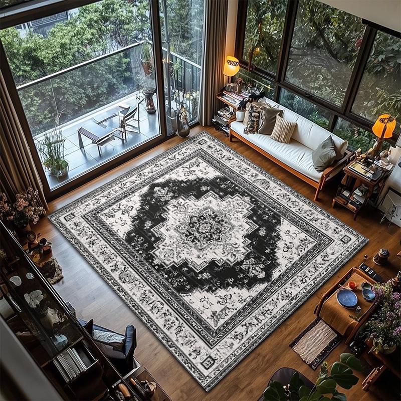 RAKKS Black Grey Mandala Velvet Large Area Rugs,Stain Resistant Anti Slip Backing for Living Room,Bedroom,Vintage Home Decor
